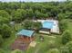 Aerial shot of a community pool, playground, and picnic area, surrounded by mature trees and lush landscaping at 12710 Es Draper Dr, Huntersville, NC 28078