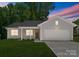 Charming single-story home with well-manicured lawn, covered porch, and attached garage at dusk at 3021 Dylan Nw Pl, Concord, NC 28027