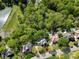 Aerial view showcasing neighborhood homes, mature trees and a pool in backyard at 10609 Oak Pond Cir, Charlotte, NC 28277