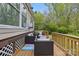 Wooden deck with cushioned seating, offering a cozy outdoor living space at 13843 Poppleton Ct, Charlotte, NC 28273