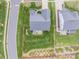 Aerial view of the property showcasing the backyard, patio, and landscaping in a neighborhood setting at 2077 Taney Way, Fort Mill, SC 29707