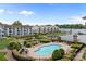 Scenic aerial view of a community pool near the lake, surrounded by lush landscaping and seating areas at 1033 Southwest Dr, Davidson, NC 28036