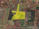 Aerial view of the property with neighboring parcels outlined in red and subject parcel in yellow at 36984 B&C Carter Rd, New London, NC 28127