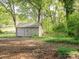 A storage shed in the backyard of a property with mature trees and ground cover at 3815 Glen Haven Sw Dr, Concord, NC 28027