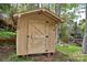 A wooden shed featuring a gable roof and custom door sits by the lake at 139 Sanford Ln, Badin Lake, NC 28127