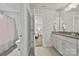 This bathroom has granite countertops, tile floors, and is adjacent to the bedroom at 16518 Here At Last Ln, Charlotte, NC 28278