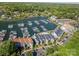 Aerial view of the community buildings and boat docks on the waterfront at 18723 Vineyard Point Ln, Cornelius, NC 28031