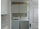 Laundry area with a washer, dryer, white shaker cabinets, and a tile backsplash at 412 E Broad St, Salisbury, NC 28144