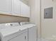 Well-lit laundry room features white cabinetry above the washer and dryer at 4418 Coventry Row Ct, Charlotte, NC 28270