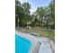 An expansive backyard featuring a sparkling pool, a shed, a hammock, and a stone bench, surrounded by trees at 9003 Brad Ct, Matthews, NC 28104