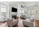 Bright living room featuring a cozy fireplace, hardwood flooring, and comfortable seating arrangements at 140 Sisters Cove Ct, Mooresville, NC 28117