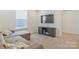 Bonus room with carpet, couch, TV, and large window for natural light at 14224 Canemeadow Dr, Charlotte, NC 28278