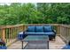 A wooden deck features a comfortable blue cushioned sofa and a glass-topped table with wooded surround at 2932 Pirates Pl, Charlotte, NC 28216