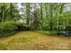 Wide shot of the lush backyard, featuring manicured lawn, mature trees, and seating area perfect for outdoor gatherings at 3005 Kenninghall Ct, Charlotte, NC 28269