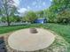 Expansive backyard featuring a circular fire pit area and detached shed, perfect for outdoor enjoyment at 3530 Farm Lake Sw Dr, Concord, NC 28027