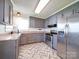 Well-lit kitchen with grey cabinets, updated stainless steel appliances, and patterned tile flooring at 3530 Farm Lake Sw Dr, Concord, NC 28027