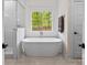 Bright bathroom featuring a modern freestanding tub, a walk-in shower, and a large window with nature views at 358 Grassy Ridge Ct, Clover, SC 29710