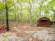 Rustic outbuilding on wooded lot with mature trees and flowering shrubs, stone steps lead to the entry at 4757 Mountain View Ln, Maiden, NC 28650