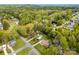 Aerial view of a home nestled among lush trees in a neighborhood; a pool is visible in a neighboring backyard at 504 Ogden Dr, Gastonia, NC 28056