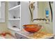 Bathroom sink, storage, and decorative marble counter top with a unique copper colored bowl sink at 528 1St Nw Ave, Hickory, NC 28601