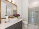 Bathroom with gray vanity, quartz countertop, framed mirror, and glass enclosed shower at 5511 Fairview Rd, Charlotte, NC 28209