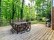 Backyard deck with a dining table, six chairs, lush landscaping, and a grill at 8807 Tree Haven Dr, Charlotte, NC 28270
