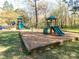 Fun playground equipped with slides, swings, and climbing area with a mulch ground cover for safety at 8807 Tree Haven Dr, Charlotte, NC 28270