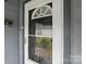 Close-up of front door with decorative window and view of the front yard at 313 Mayflower Ave, Cramerton, NC 28032