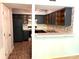 Updated kitchen featuring navy cabinets, open shelving, brick flooring, and modern appliances at 5810 Harris Grove Ln, Charlotte, NC 28212