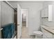 Bathroom featuring shower, toilet, sink with storage, and view to bedroom and walk-in closet at 8412 Cricket Lake Dr, Charlotte, NC 28277
