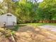 Backyard storage shed with a ramp, set on a spacious lot with established trees and partial patio at 8718 Rittenhouse Cir, Charlotte, NC 28270