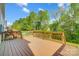 A wooden back deck overlooks the lush green backyard surrounded by mature trees at 10056 Paisley Dr, Charlotte, NC 28269