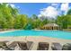 Resort-style pool area with lounge chairs, a covered seating area, and lush landscaping for relaxation at 10056 Paisley Dr, Charlotte, NC 28269
