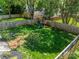 Aerial view of fenced backyard with lush lawn, playground set, and comfortable Adirondack chairs at 410 Mcalway Rd, Charlotte, NC 28211