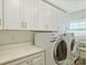 Functional laundry room featuring white cabinets, counter space, washer, and dryer for convenience at 517 Wingrave Dr, Charlotte, NC 28270