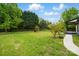 Well-maintained backyard with lush lawn, mature trees, and a sidewalk to the back porch at 530 Dovefield Dr, Indian Trail, NC 28079
