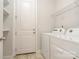 Functional laundry room with washer, dryer, shelving, and a utility door at 5684 Garrow Glen Rd # 96, Charlotte, NC 28278
