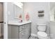 Bathroom with a gray vanity, toilet, and a modern mirror at 7020 Leesburg Rd, Charlotte, NC 28215