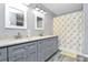 Bathroom featuring a double vanity, modern finishes, and a shower with a floral curtain at 7020 Leesburg Rd, Charlotte, NC 28215