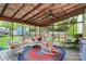 Cozy screened porch with wicker furniture, ceiling fan, and view of landscaped backyard at 7020 Leesburg Rd, Charlotte, NC 28215