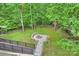 The backyard features a custom stone firepit area, fenced yard, and mature trees at 7067 Rocky Falls Rd, Charlotte, NC 28211