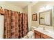 Bathroom features a vanity, a shower, and a toilet with coordinated shower curtain and decorative mirror at 709 Circle Trace Rd, Monroe, NC 28110