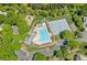 Aerial view of the community pool, tennis courts, and playground surrounded by mature trees at 8651 Walsham Dr, Charlotte, NC 28277