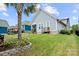 Beautiful backyard with healthy green lawn, palm tree and manicured landscaping with privacy fencing at 1501 Riverwalk Pkwy, Rock Hill, SC 29730