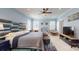 Bright main bedroom features blue walls, a decorative headboard, a ceiling fan, a grey ottoman, and a sitting area at 1511 Landis Ave, Charlotte, NC 28205