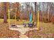 Backyard patio featuring a stone fire pit, string lights, a gravel base, and an umbrella-covered table set at 2693 Salem Church Rd, Lincolnton, NC 28092