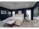 Navy bedroom featuring a queen bed, white accents, and soft lighting creating a cozy, elegant retreat at 302 Patterson'S Bridge None, New London, NC 28127