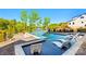Stunning infinity pool overlooking a lake, surrounded by lush greenery and modern seating at 385 Squirrel Ln, Clover, SC 29710