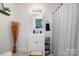 Modern bathroom featuring a white vanity and cabinet, with decorative items and a striped shower curtain at 4517 Lake Shore N Rd, Denver, NC 28037