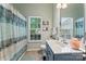 Bright bathroom featuring a modern vanity, large mirror, and a stylish shower curtain at 5927 Patricia Ryan Dr, Charlotte, NC 28216